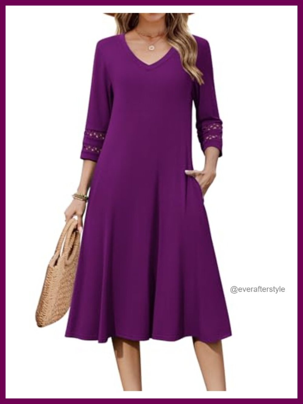Women's V-Neck 3/4 Sleeve A-Line Eyelet Midi Dress Casual Fit Flowy